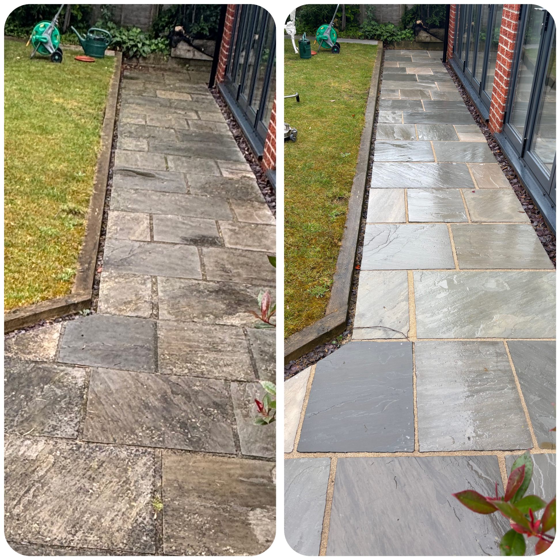 Sandstone patio before and after pressure washing in Lincoln — photo 1